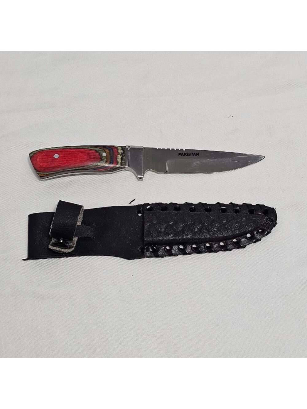 Handcrafted Fixed Blade Knife With Multicolored Wood Handle & Black Leather Shea